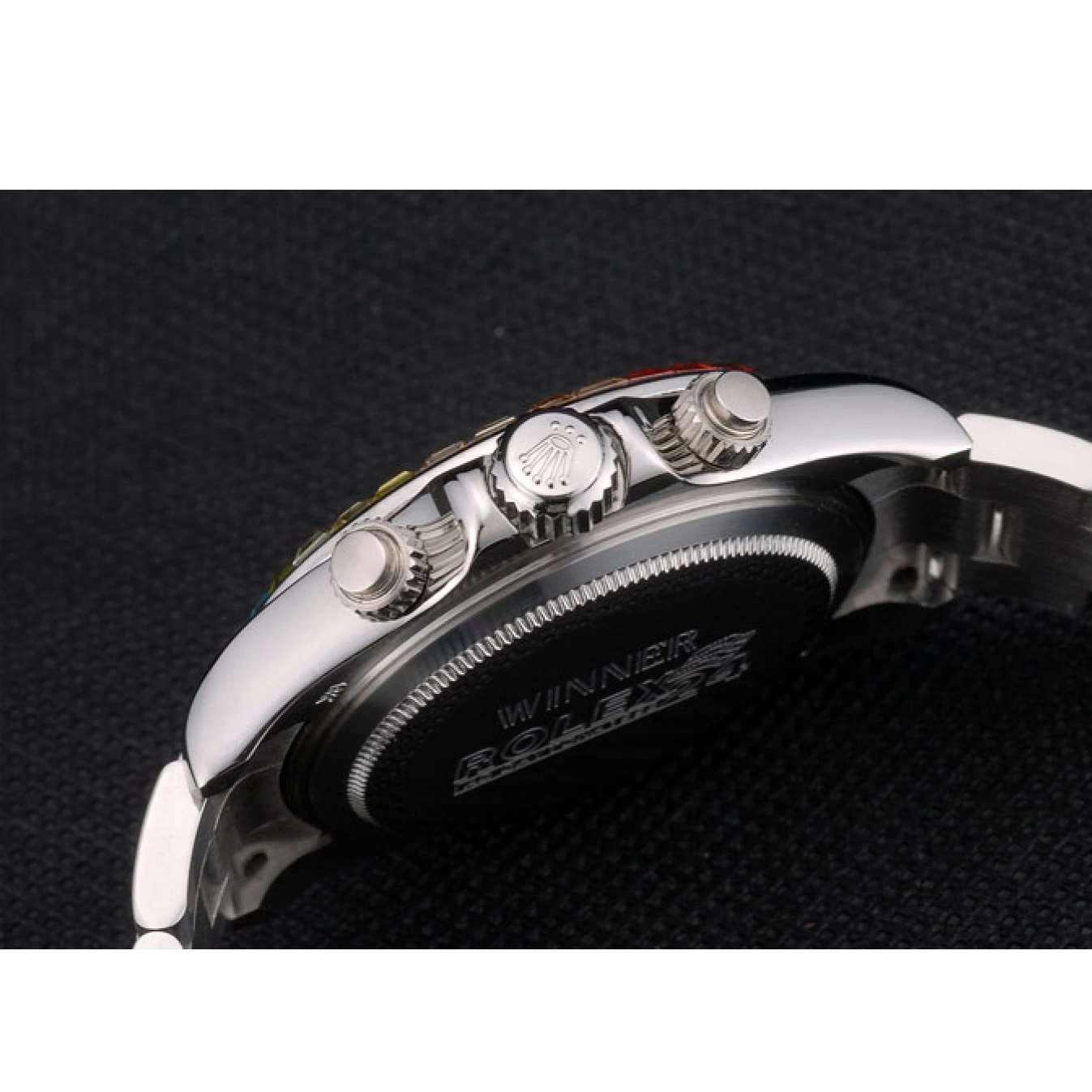 Best AAA Replica Sites Daytona Crystals 80250 Dial Rainbow Rolex Steep Black Strap Stainless Bezel Cosmograph 0704